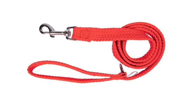 Durable red dog lead, double nylon webbing 20mm x 245cm, featuring chrome snap hook and convenient 'D' ring for bag dispensers.