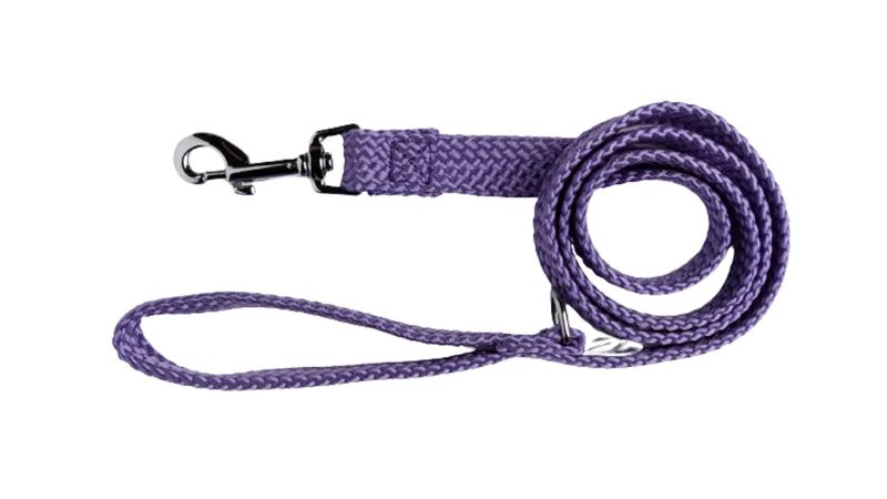 Purple dog lead made from durable double nylon webbing, 20mm x 120cm, with a secure snap hook and 'D' ring for attachments.