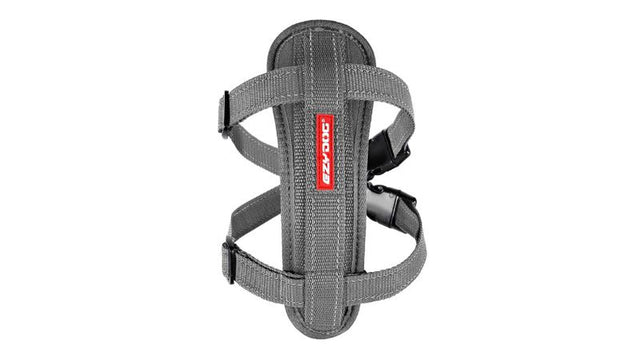 ED CP XS Dog Harness in Grey with EVA Chest Plate for comfort, reflective stitching for safety, and one-click snap clips.