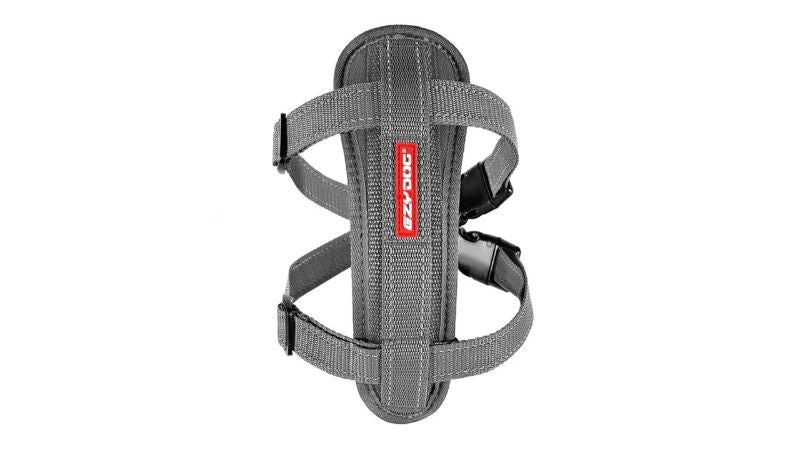 Grey ED CP Large Dog Harness featuring an ergonomic Chest Plate for comfort, adjustable straps, and reflective stitching for safety.