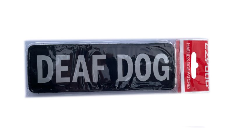 Side Patch - DEAF DOG - small, vibrant velcro badge for enhancing safety and visibility of deaf dogs, ideal for harness attachment.