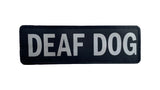 Vibrant "DEAF DOG" side patches for small dogs, enhancing safety and visibility with secure velcro attachment.