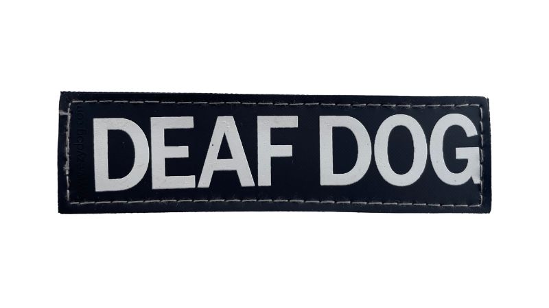 Large DEAF DOG side patch for harnesses, featuring vibrant design for visibility and communication for hearing-impaired pets.