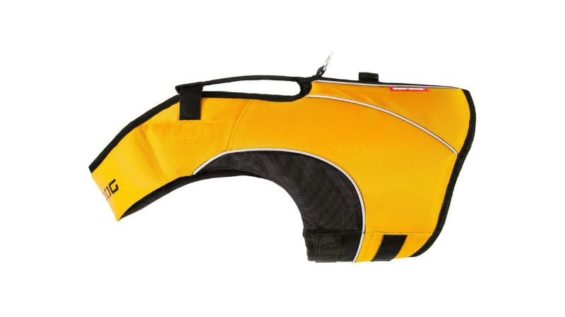 Vibrant yellow DFD X2 Boost 4XS dog vest offers safety, comfort, and buoyancy for small dogs in and around water.