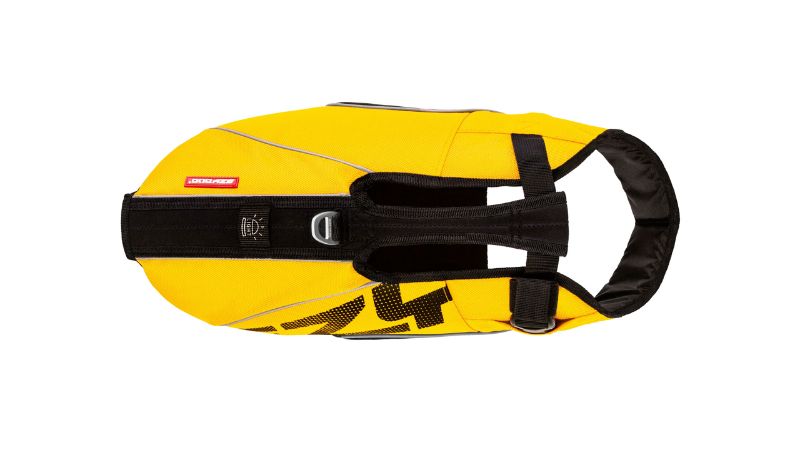 Vibrant yellow DFD X2 Boost 4XS dog vest for water safety, featuring buoyancy, ergonomic fit, grab handle, and reflective trim.