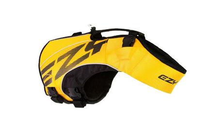 Yellow DFD X2 Boost 4XS Dog Vest, designed for safety and comfort, featuring buoyancy, durable nylon, and a neoprene grab handle.