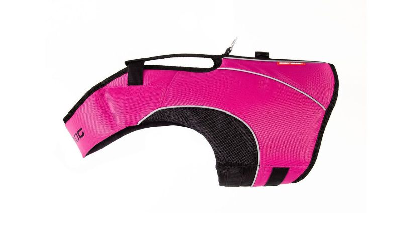 Pink DFD X2 Boost Dog Vest designed for safety and comfort, featuring buoyancy, ergonomic fit, and reflective piping.