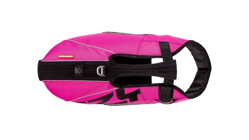 Pink DFD X2 Boost Dog Vest for small breeds, featuring safety buoyancy, ergonomic fit, grab handle, and reflective details.