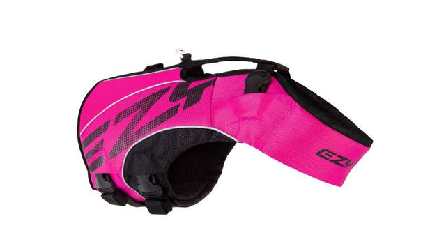 Pink DFD X2 Boost Dog Vest for small breeds, featuring buoyant, ergonomic fit, neoprene handle, and reflective safety details.