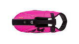 Pink dog life jacket with ergonomic fit, durable nylon, reflective piping, and grab handle for safety in water activities.