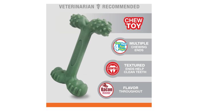 Durable nylon chew toy with paw handles, bacon flavor, and dental textures for power chewers, promoting oral health.