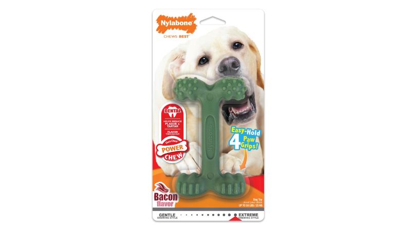 Durable nylon chew toy for power chewers, featuring bacon flavor and four easy-grip handles for comfortable chewing.