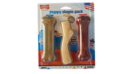 Puppy Chew Toy triple pack featuring soft, durable, and textured toys for teething and strong chewers, made in the USA.