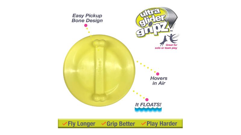 Colorful dog flying disc designed for large dogs, featuring a bone-shaped design for easy pickups and hovers during play.