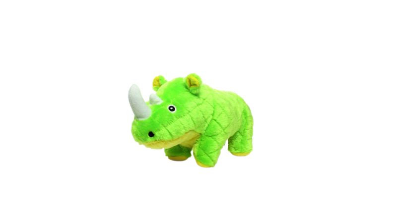 Plush green rhino dog toy with squeaker, designed for interactive play and durability, floats in water, and machine washable.