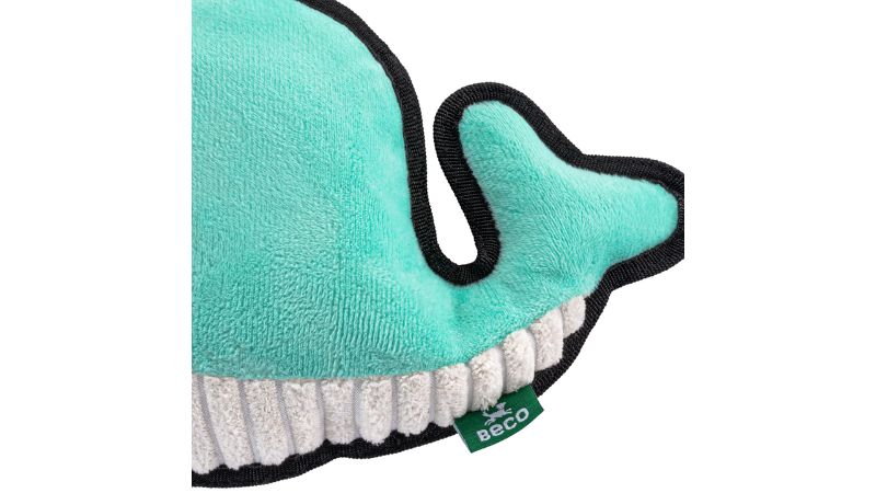 Eco-friendly medium dog toy shaped like a whale, made from recycled materials with a durable design and loud squeaker.