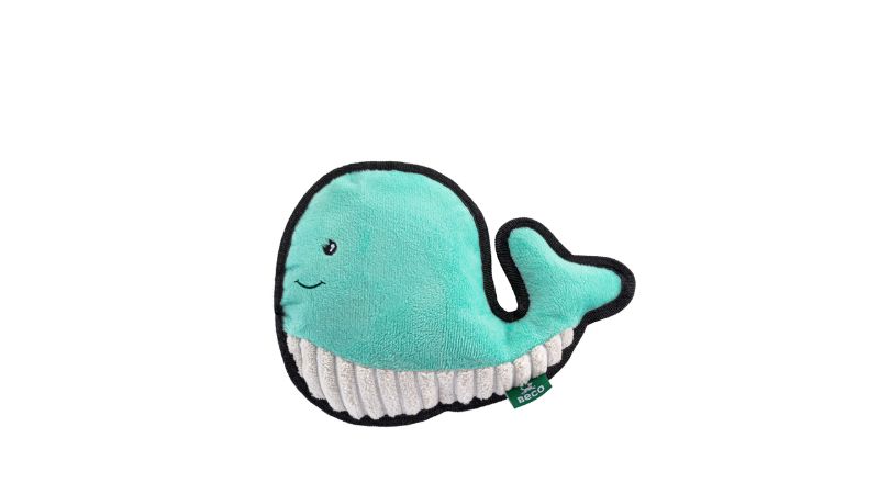 Eco-friendly dog toy, Beco Wesley the Whale, durable with squeaker, made from 77% recycled materials, ideal for tough chewers.