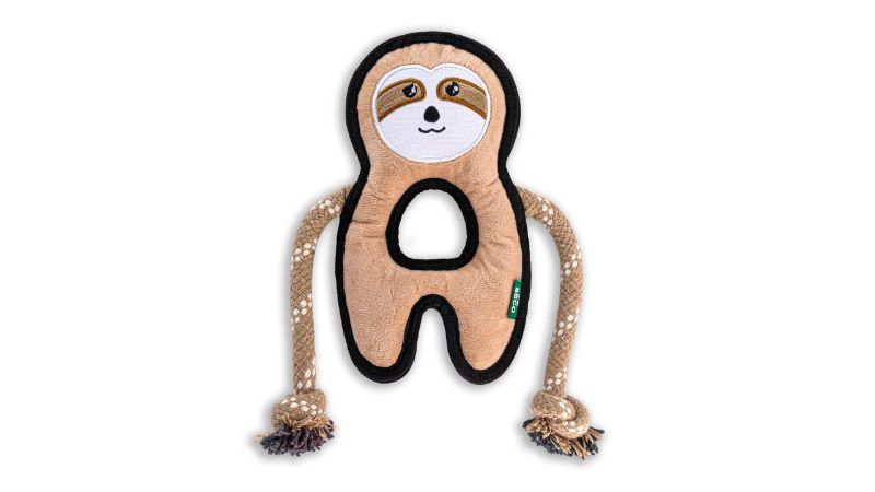 Beco Sonny the Sloth dog toy, eco-friendly and durable, perfect for medium chewers with a loud, puncture-resistant squeaker.