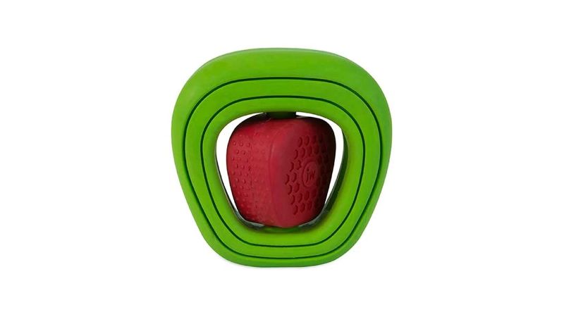 Durable JW Apple Core Chew-ee dog toy with nubs, hidden paste pocket, and spinning core for dental care and fun.