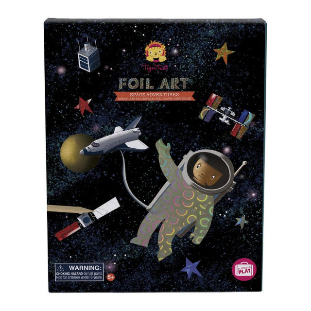 Foil Art kit featuring space-themed designs, allowing kids to create shiny masterpieces with peel-off foil application.