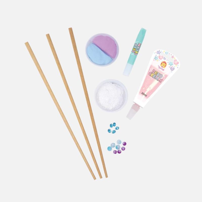 Colorful Magic Wand Kit by Tiger Tribe featuring materials to create three pastel, jewel-encrusted wands for imaginative play.