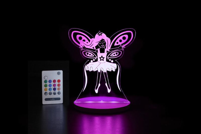 Compact LED night light featuring a remote, 12 colors, and four settings to create a soothing bedtime atmosphere for kids.