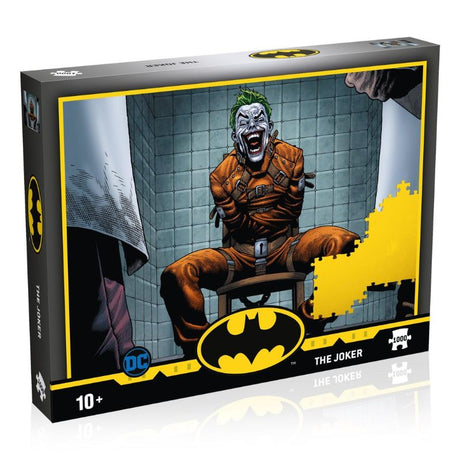 Joker Batman jigsaw puzzle featuring a vibrant scene of the Clown Prince in Arkham Asylum, ideal for fans and collectors.