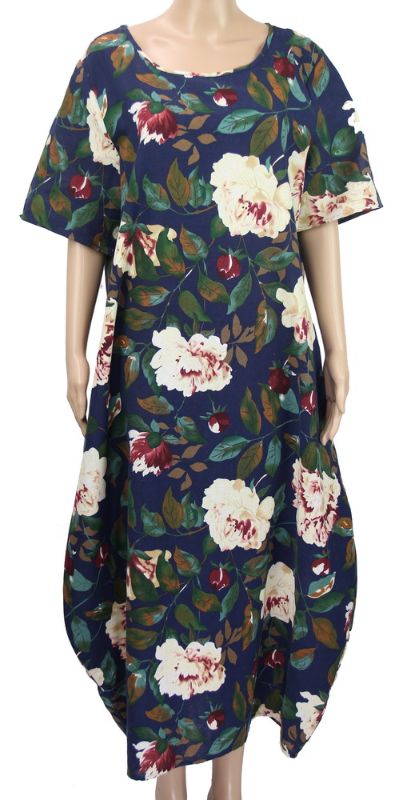 Elegant Aria Long Tapered Floral Blue Dress, 100% cotton, vibrant floral design, perfect for casual and special occasions.