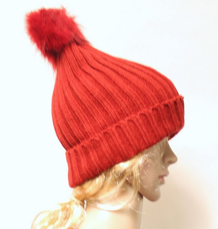 Set of 2 rust-colored knit beanies with stripes, fleece lining, and fur pompom, perfect for stylish winter warmth.
