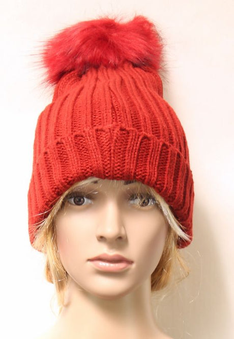 Solid knit stripe beanies in rust, featuring fleece lining and fur pompom, perfect for cozy autumn outings. Set of 2.