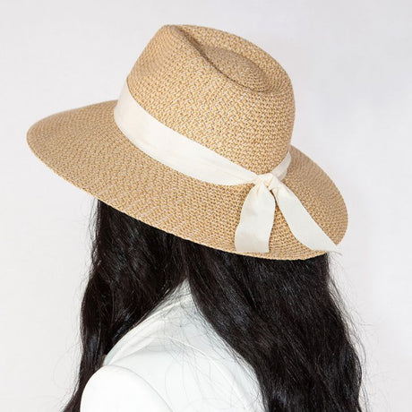 Natural-colored Fedora - Roberta 58CM with 10cm wide brim and ribbon trim, perfect for stylish sun protection and travel.