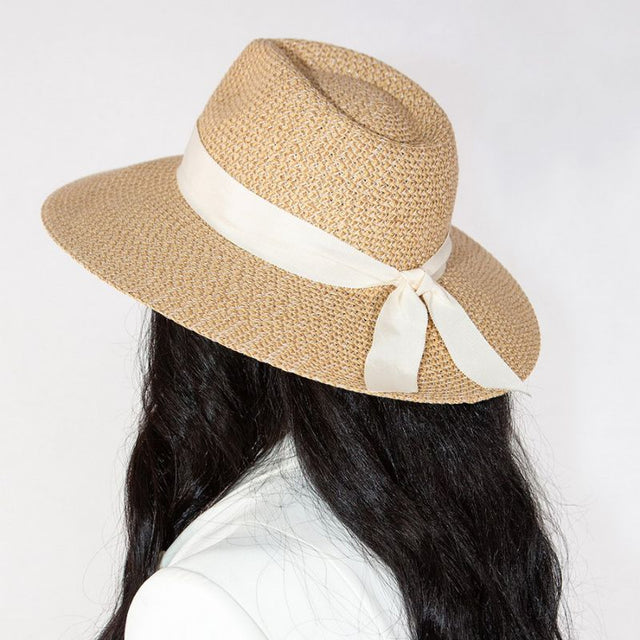 Natural-colored Fedora - Roberta 58CM with 10cm wide brim and ribbon trim, perfect for stylish sun protection and travel.