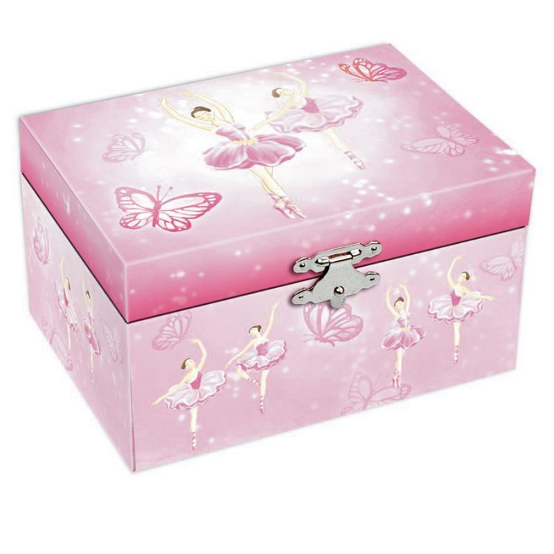 Musical jewellery box featuring a twirling ballerina, perfect for storing rings and necklaces, dimensions 15cm x 10.5cm x 8.5cm.