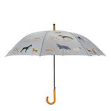 Stylish umbrella featuring various dog breeds, 120 x 95cm, with sturdy wooden handle and automatic opening for rainy days.