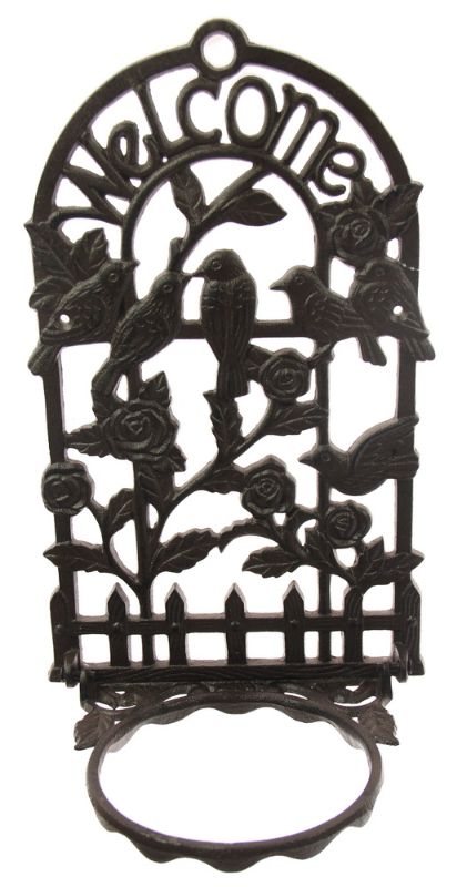 Iron wall pot holder with whimsical bird motifs, perfect for displaying plants and enhancing indoor or outdoor spaces.