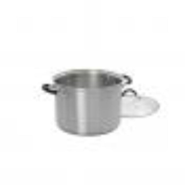 Pyrolux 24cm stockpot in stainless steel with tempered glass lid, perfect for soups and stews, suitable for all cooking hobs.