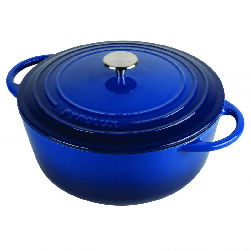 Lightweight blue enamelled cast iron casserole, 20cm 2L, perfect for all stovetops, oven-safe, and easy to clean.