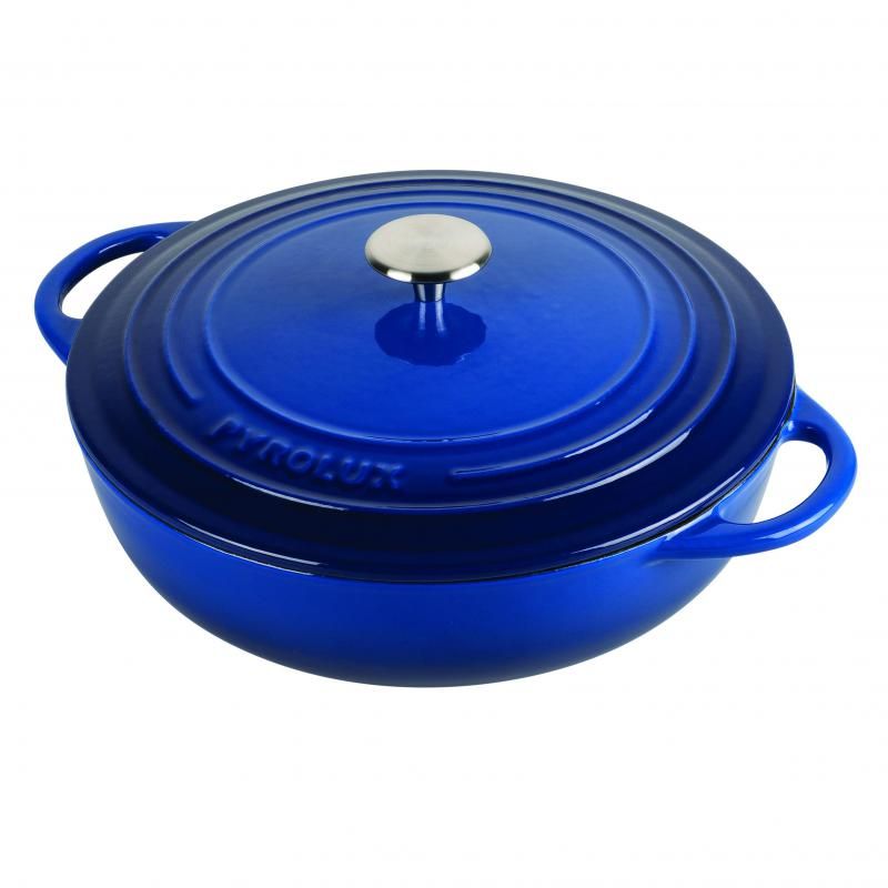 "Stylish blue 24cm Pyrolux Pyrochef Chef Pan, lightweight cast iron with smooth enamel surface, oven safe, and induction compatible."