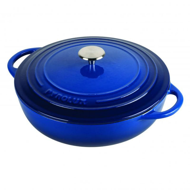 "Stylish blue 24cm Pyrolux Pyrochef Chef Pan, lightweight cast iron with smooth enamel surface, oven safe, and induction compatible."