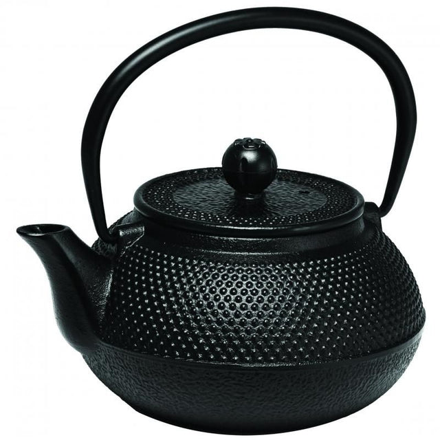 Elegant black cast iron teapot with hobnail pattern, 600ml capacity, includes stainless steel strainer, perfect for tea lovers.