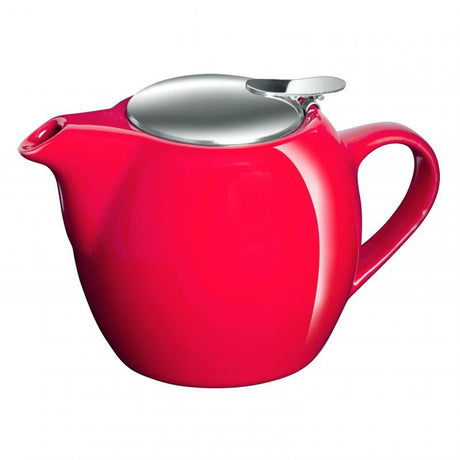 Vibrant red ceramic teapot with stainless steel infuser, 500ml capacity, ideal for serving loose leaf or bagged teas.