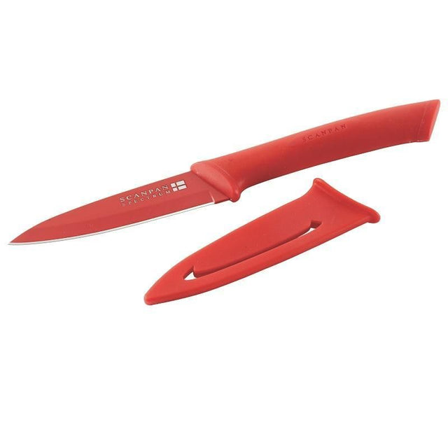 Vibrant red 10cm SCANPAN utility knife with a sharp carbon stainless steel blade and ergonomic soft touch handle.