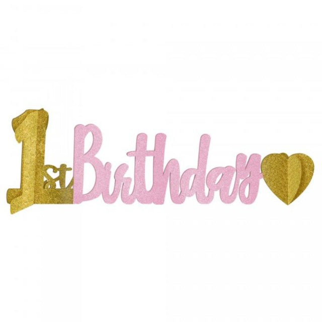 Glittery 1st Birthday Girl centerpiece, 11cm x 35cm, perfect for adding charm to birthday tables and celebrations.