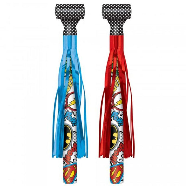 Justice League Heroes Unite Blowouts with foil fringes featuring Superman, Batman, and Wonder Woman, ideal for party fun.