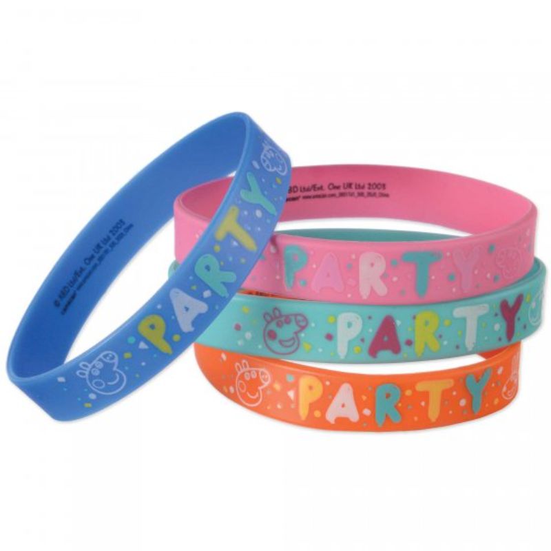 Colorful pack of 4 Peppa Pig rubber bracelets, perfect party favors for kids' celebrations and themed events.