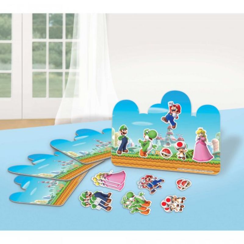 Super Mario Brothers Craft Decorating Kit with 4 cardboard displays, easel backs, and 24 character stickers for vibrant party fun.