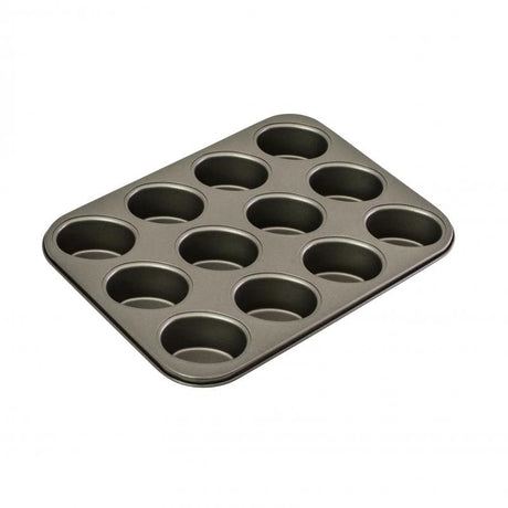 Non-stick 12-cup friand pan made of heavy-duty carbon steel for perfect baking; dishwasher, oven, and freezer safe.