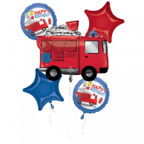 Vibrant pack of 5 fire truck birthday balloons, celebrating first responders with self-sealing foil designs.