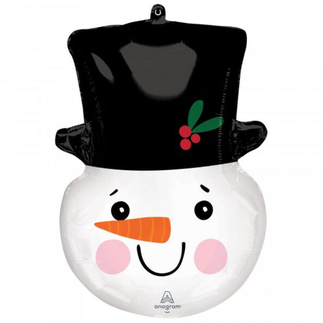 Festive 43cm x 58cm foil balloon shaped like a smiling snowman, perfect for holiday celebrations and winter decor.