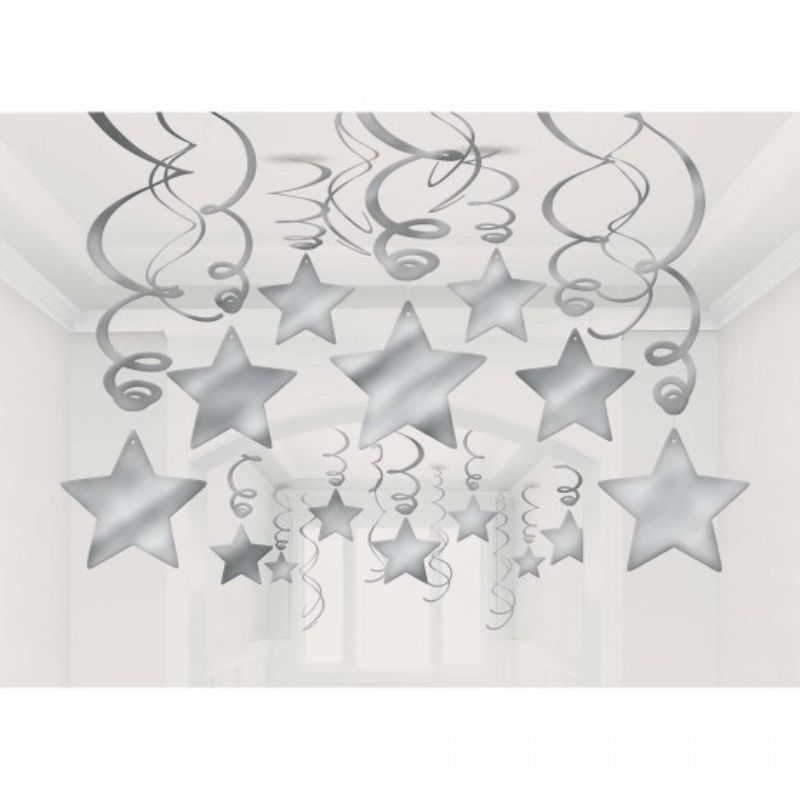 Silver Shooting Stars swirl decorations pack of 30, featuring 14 plain and 16 star cutout swirls for festive events.